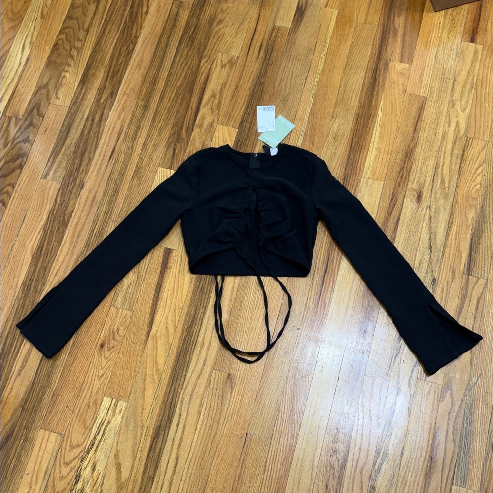 H&M Black Ruched Long Sleeve Crop Top